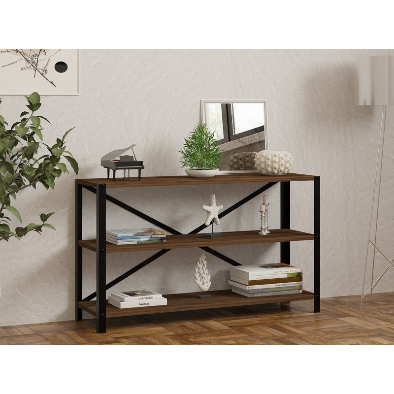 Industrial Style Bookshelf, Walnut Finish, 40.6 x 23.6 x 11.6 inches | 100% Melamine Coated Particle Board & Metal Frame, Thickness: 0.7 inches | Sturdy & Stylish Storage Solution for Home or Office