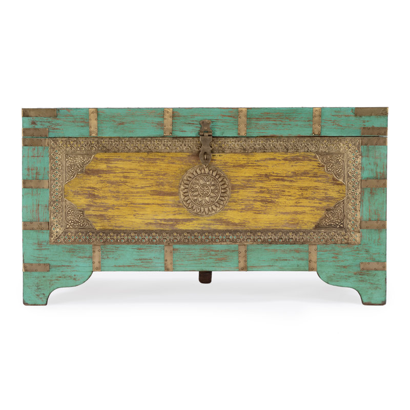 Nador Hand-Painted Brass Inlay Storage Trunk Coffee Table, Green/ Gold
