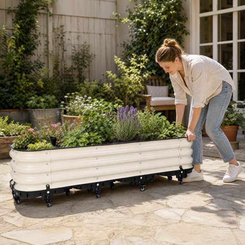 Jardinière galvanisée à arrosage automatique, L 63 po x P 16,5 po x H 11,2 po, Beige