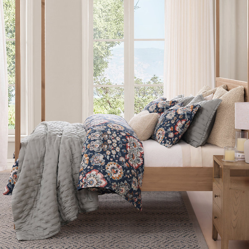 Derby Washed Linen Floral Print Chic Casual Classic Traditional Duvet Cover Set, King Duvet Cover + 2 Shams