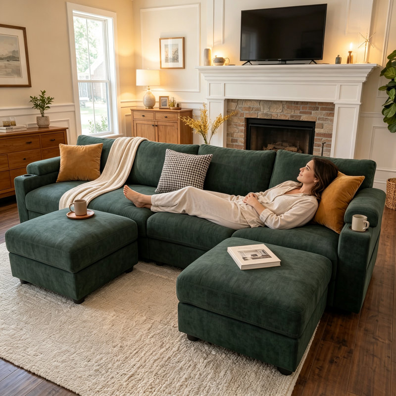 Canapé d'angle modulaire surdimensionné en forme de U de 295 cm (116 pouces), 6 places, confortable, en chenille, avec assise profonde et pouf amovible.