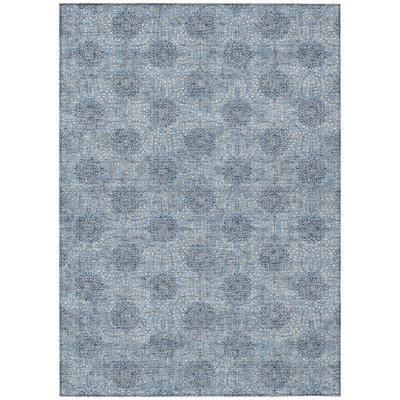 9' X 12' Blue And Ivory Damask Washable Indoor Outdoor Area Rug