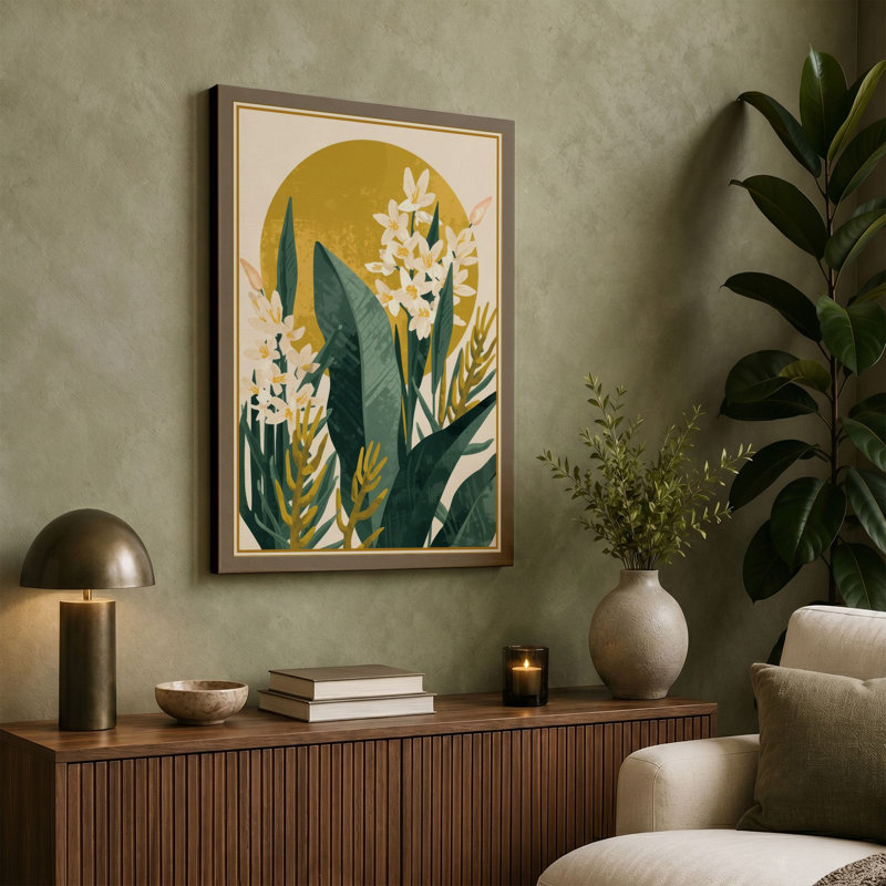 White Blossoms in Gold Japandi - Wrapped Canvas, 24x16 - 61.0 x 40.6 cm, Sage Border
