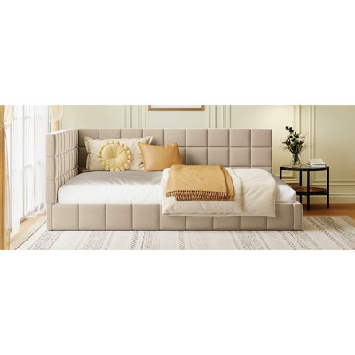 Lit de jour / lit double en velours beige - Design classique, confortable pour la chambre à coucher, avec lattes de soutien incluses, revêtu de style Mid-Century, convient à la maison, ensemble de cadre en bois