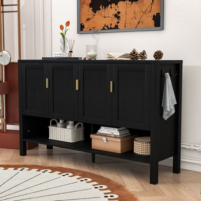 Modern Four-Door Sideboard Buffet Cabinet with Adjustable Shelves, Open Storage and Geometric Doors