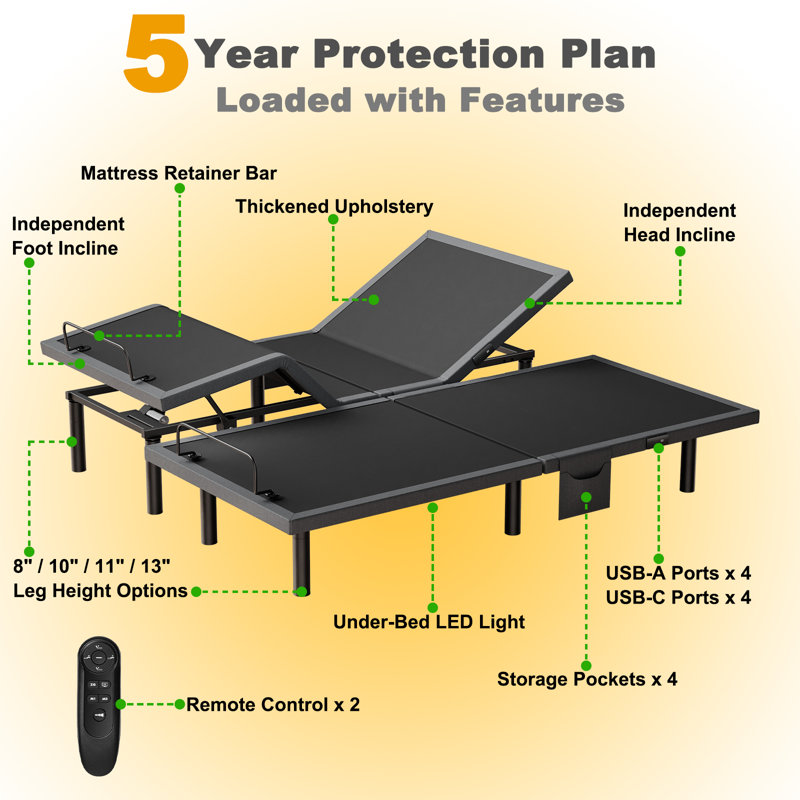 Structure de lit réglable avec télécommande sans fil, base réglable sans gravité, 4 ports USB, poches latérales amovibles, éclairage sous le lit et pieds réglables