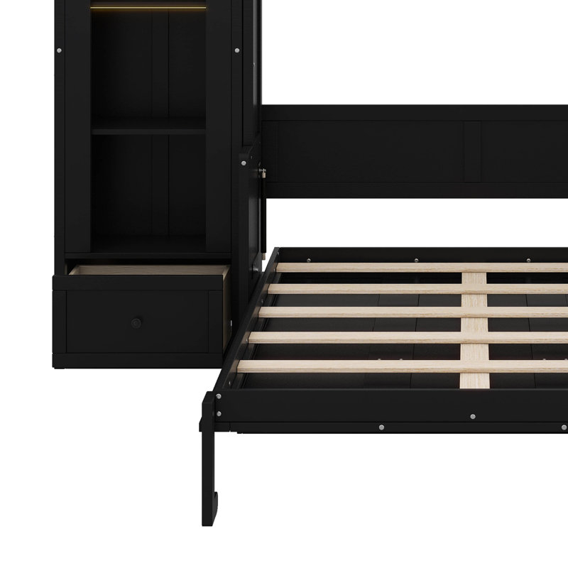 Grand lit plateforme escamotable avec tablette, armoires latérales, tiroirs et DEL, Noir