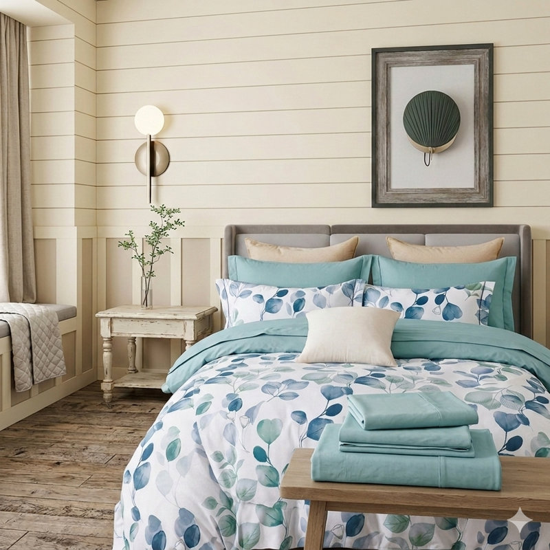 Ensemble de couette Elora Floral Blue surdimensionnée 7 pièces en coton naturel, format King, Très grand lit