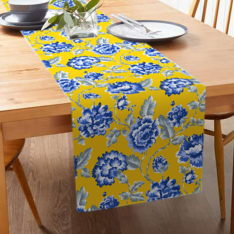 Nilda Handmade Floral Table Runner Yellow and Blue Polyester Dining Runner for Elegant Christmas Table Decor, Yellow
