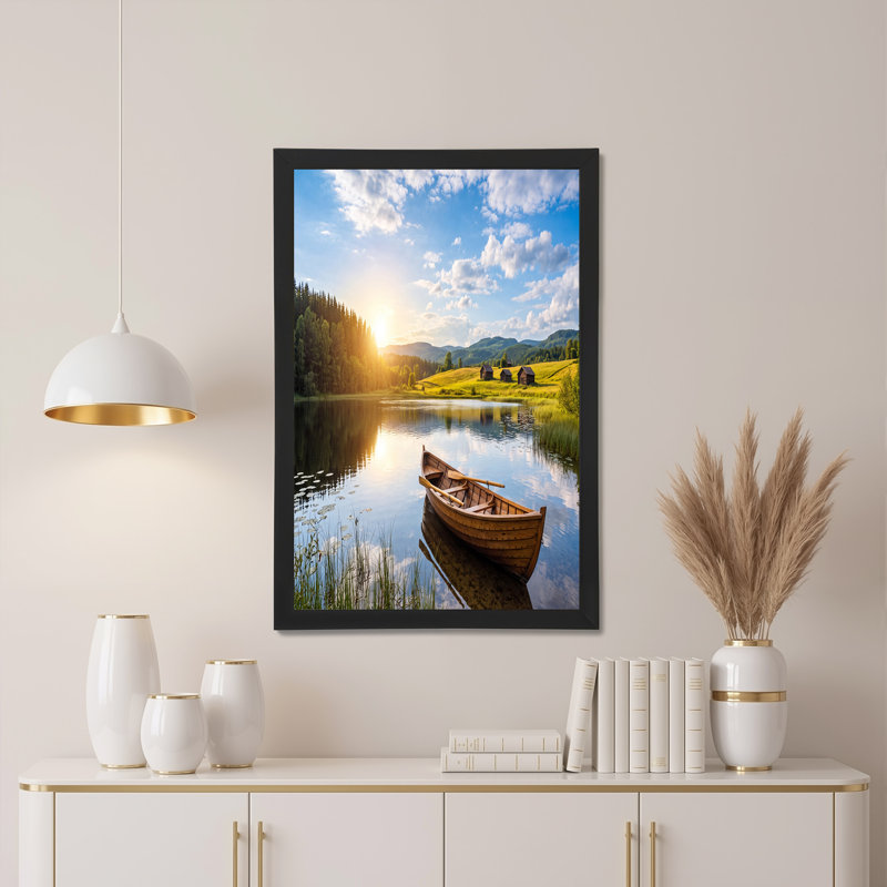 Toile en bois sur le lac réfléchissant au coucher du soleil, 20"H x 30"W