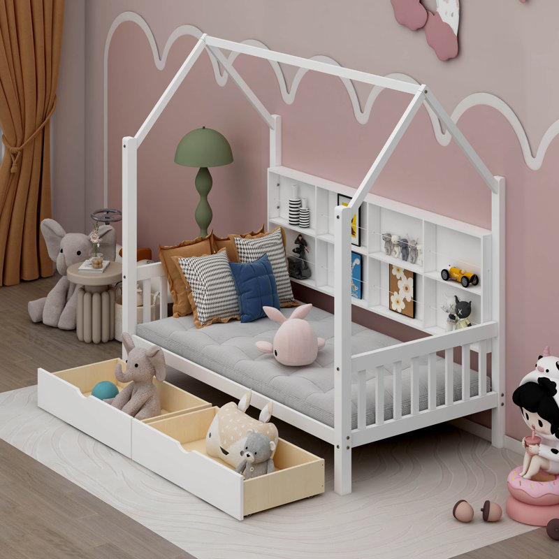 Antiope Kids Bed with Storage Shelf, Twin , White