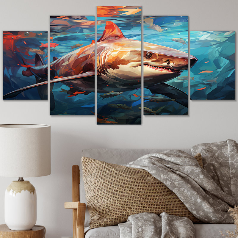 «Teal Shark Oceans Dance» - Décoration murale animaux - 5 panneaux