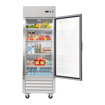 Commercial Refrigerator, 29.02 in Width Reach In Upright Refrigeration Single Glass Door, 21.5 Cu.ft Auto-Defrost Stainless Steel Refrigerator with 4 Adjustable Shelves, 32 to 50℉ Temp Range