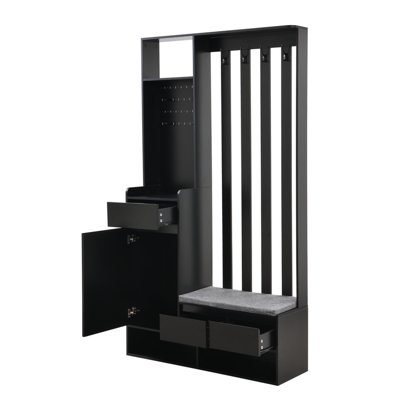 Contemporary Hall Tree With Cushioned Shoe Storage Bench, Pegboard & 4 Hooks, Black