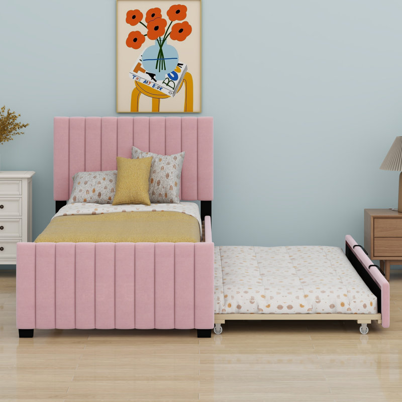 Lit plateforme tapissier avec lit gigogne, Rose