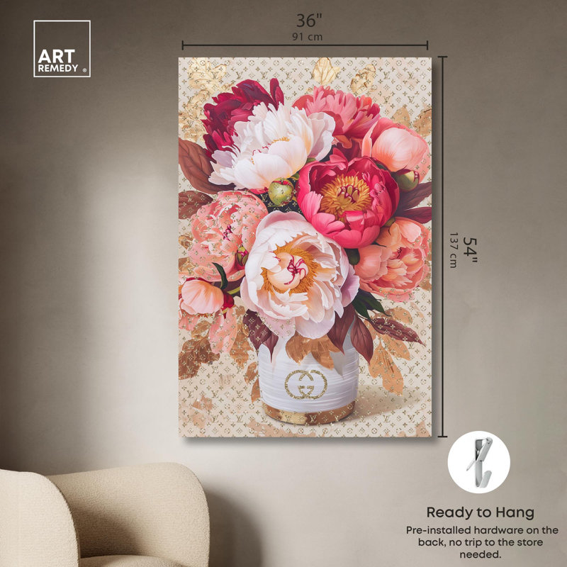 Art floral sur toile, belles pivoines, H 54 po x l 36 po, Toile tendue