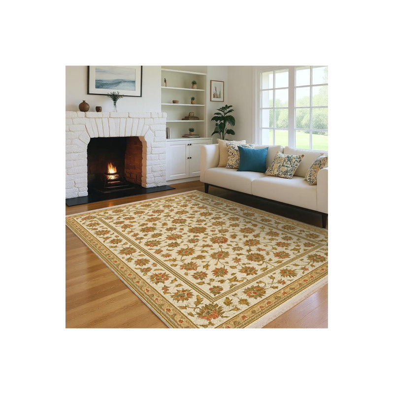 Tapis beige tissé à motif floral lavable Mosso, 3'3" x 4'11"