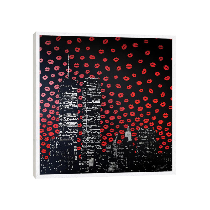 Love Kisses Over New York by Alla GrAnde - Print on Canvas, 66.04cm H x 66.04cm W x 3.81cm D, White Floater Framed