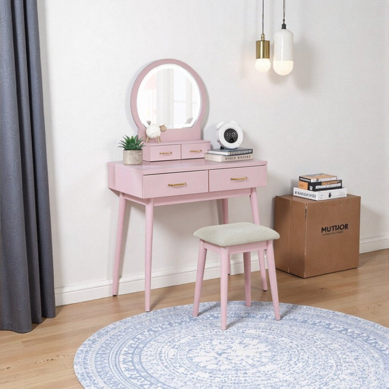 Ensemble de coiffeuse 54 "avec miroir à DEL, ensemble de coiffeuse 4 tiroirs avec tabouret, Rose