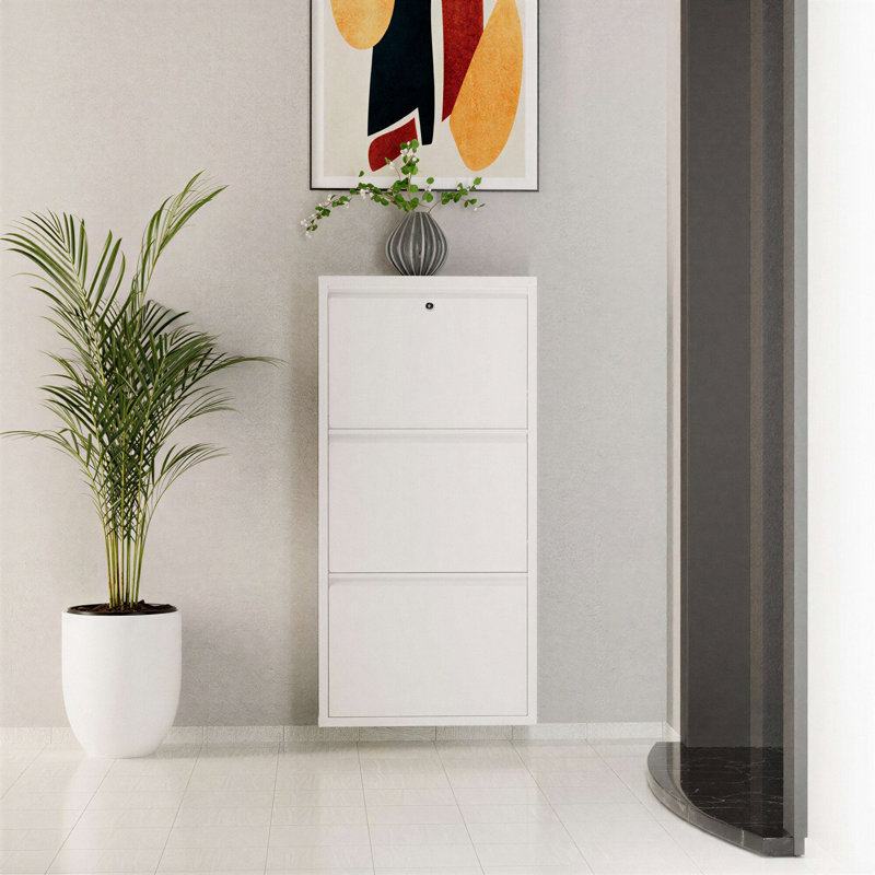 Élégant range-chaussures en métal, blanc, 19,7 x 40,6 x 5,9 pouces | Fabrication 100% métal durable, épaisseur: 0,03 pouce | Conception murale avec portes à ouverture centrale et supports magnétiques | Solution de rangement moderne et fonctionnelle