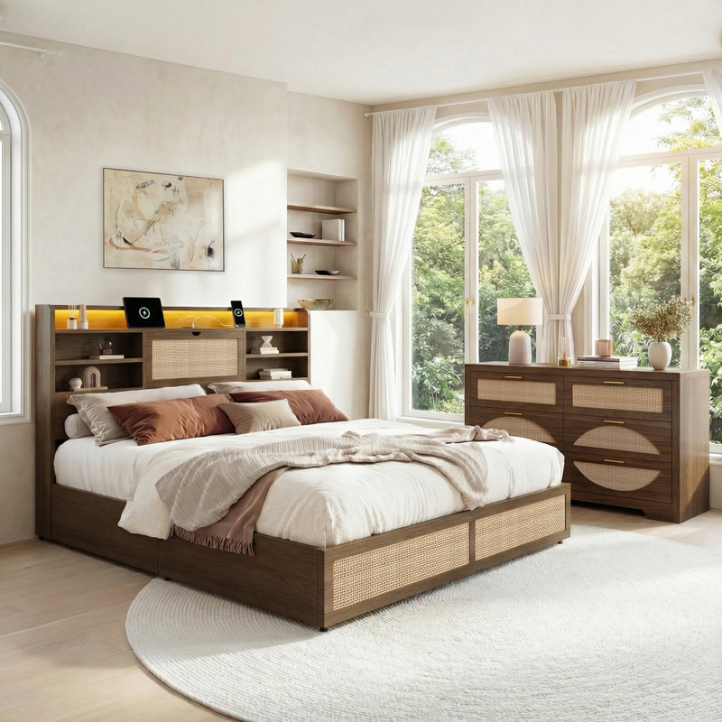 Collection de meubles de chambre à coucher 2 pièces transitionnels modernes, Arc, Noyer, Grand lit