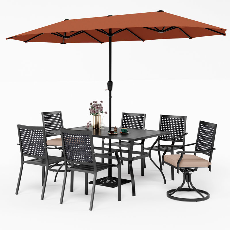 Ensemble de salle à manger rectangulaire pour 60 personnes avec coussins et parasol Leonard, Orange-rouge