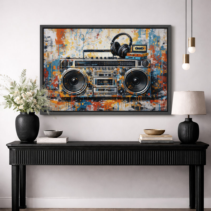 Boombox, impression de musique rétro, impression sur toile encadrée, Cadre noir, H 16 po x l 24 po x P 1,5 po