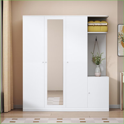 Garde-robe moderne à 4 portes avec miroir pleine grandeur, tiroir et Rangement pour chaussures | Panneau de particules blanc