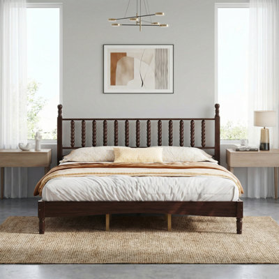 Classic Solid Wood Platform Bed with Turned Spindle Headboard, Retro Farmhouse Wood Bed Frame with Slat Support, No Box Spring Required, Multiple Finishes & Sizes