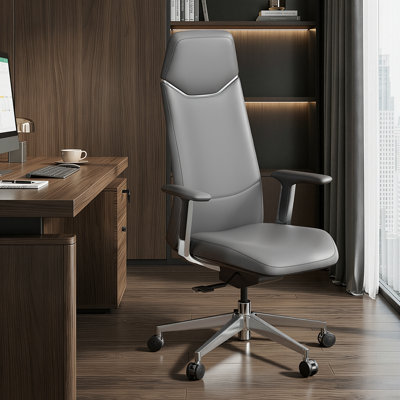 Genuine Leather Executive Chair, Swivel Ergonomic Office Chair, High Back Desk Chair with Tilt Reclining, Aluminum Alloy Base, Adjustable Height