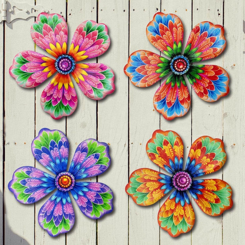 Ensemble de 4 pièces de fleurs murales en métal, art mural de jardin 6,2 pouces