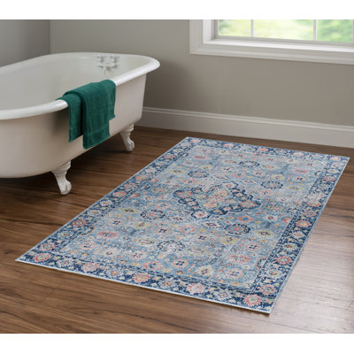 Emanuel Traditional Machine Woven Flatweave Light Blue and Blue Area Rug with Non Skid Backing 