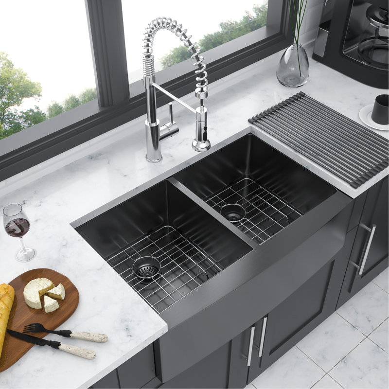 33"X21"X10" Stainless Steel Gunmetal Black Sink - Double Bowl  50/50  16G With Lasting Function Construction, Gunmetal Black