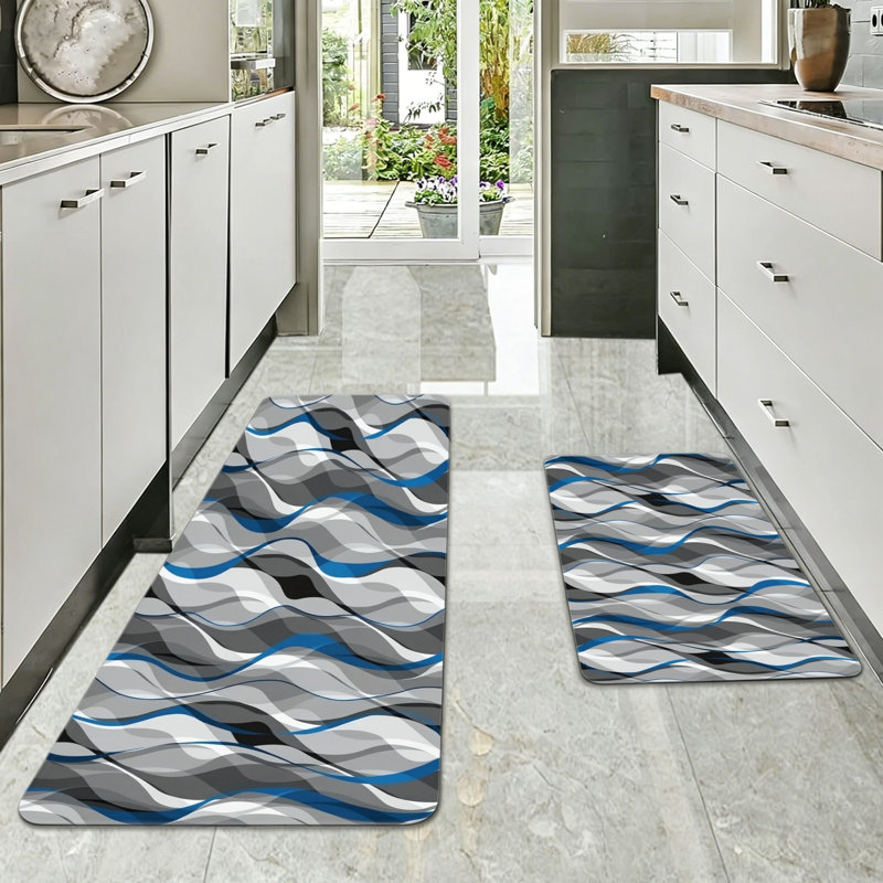 Blue Grey Transparent Wave Abstract Kitchen Rugs Set of 2, Modern Kitchen, Sunroom