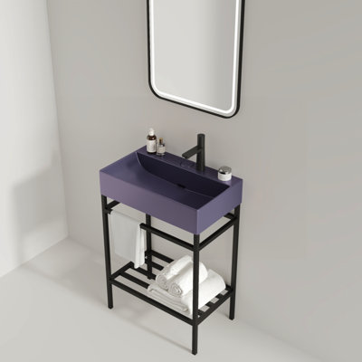 Meuble-lavabo de salle de bain avec lavabo en céramique, ensemble de lavabo console autoportant, lavabo rectangulaire en céramique brillant sans robinet, pieds en métal ouverts, tablettes de rangement,