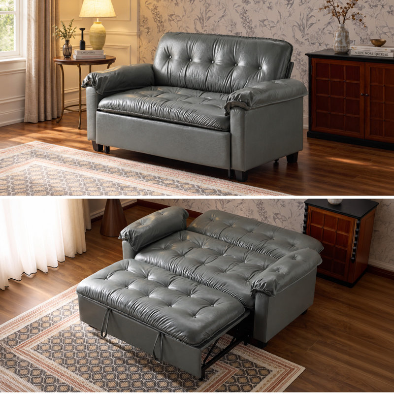 Tufted Upholstered Cat's Claw Leather Loveseat Recliner Sleeper Couch Pull Out Sofa Sofa Bed, Blue Gray