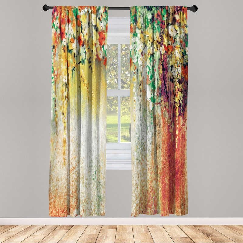 Microfiber Floral Semi-Sheer Rod Pocket Curtain Panels, 28" W x 95" L, Red/Green/Yellow