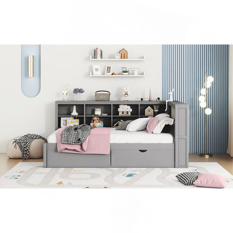 Wooden Full Size Daybed With 2 Drawers, Daybed With Storage Shelf And USB Charging Ports,Grey, Gray