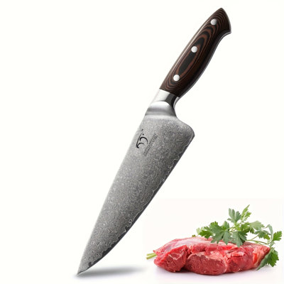 Couteau de chef en acier damassé VG10 de 8 pouces, manche en Micarta, doté d'un motif unique en acier damassé, ultra-tranchant, avec un manche en bois antidérapant fixé par trois rivets.