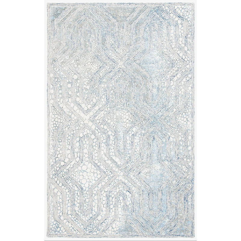 Restoration Vintage Hand Tufted Wool/Viscose Pile Geometric Rug in Blue/White, Rectangle 4' x 6'