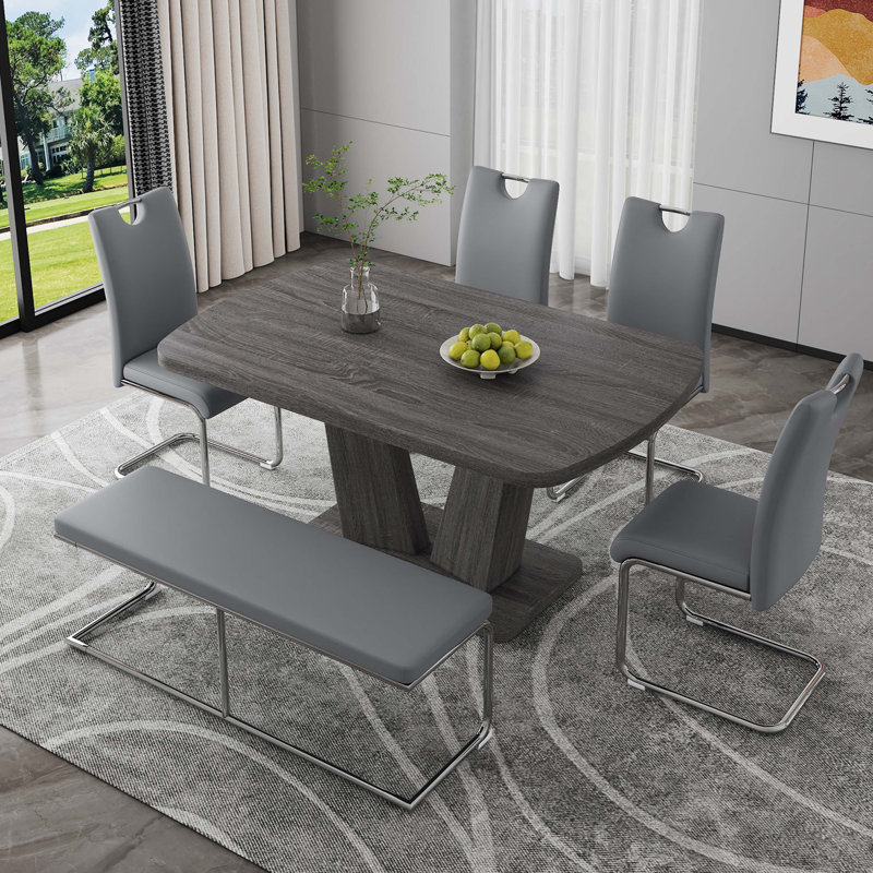 6 Piece Dining Table Set with 4 Ergonomic Dining Chairs and 1 Bench, Gray