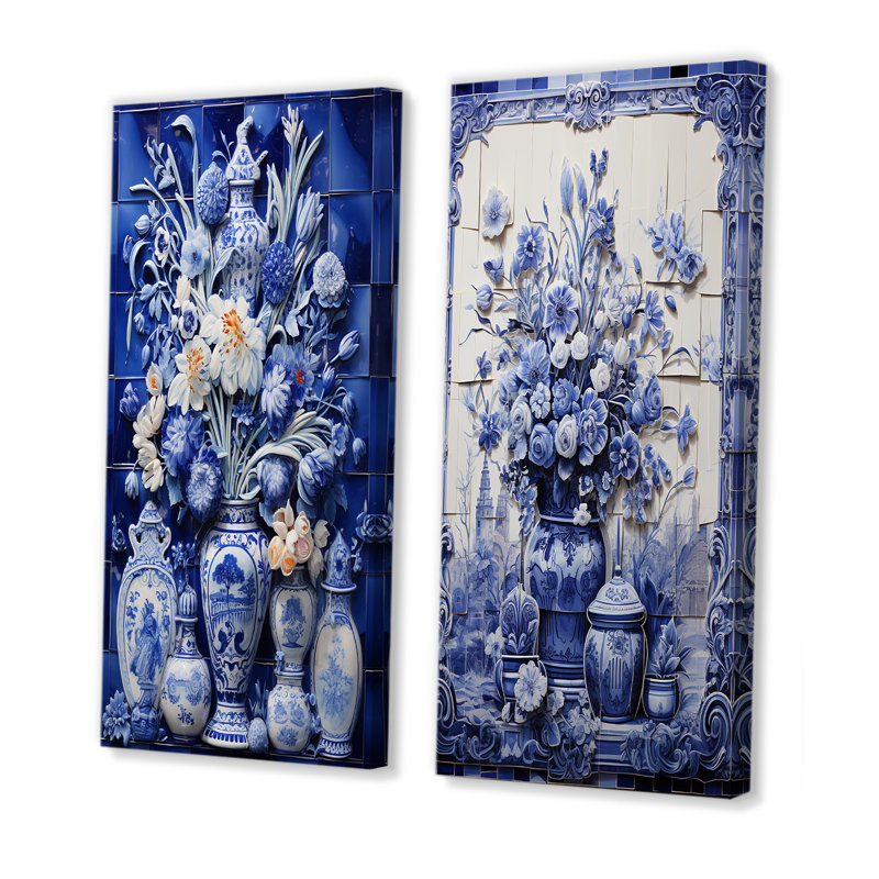 Bleu et blanc Boho Flower Pottery I - Boho Pottery Wall Art Living Room Ensemble de 2, H 28 po x l 25 po, Toile tendue