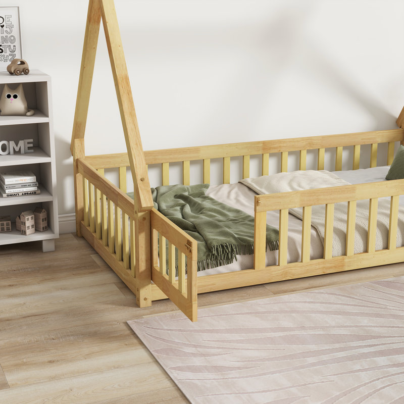 Ames Tent-Shaped Floor Bed with Wooden Frame, Guardrails & Door, Natural, Twin