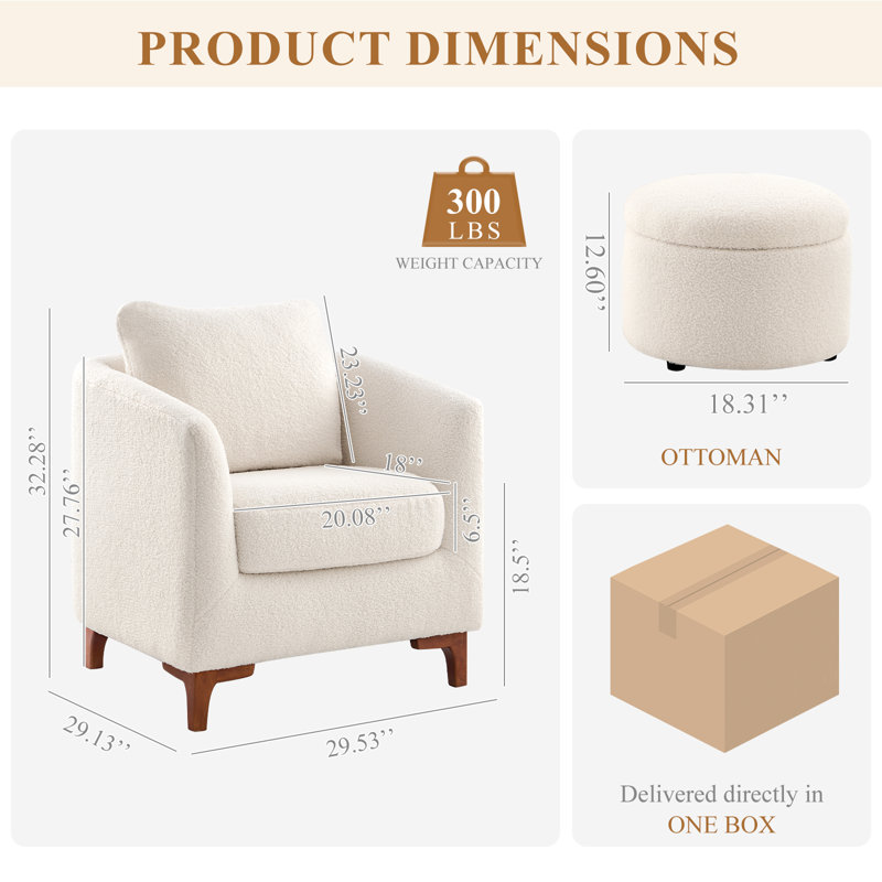 29.5" Wide Upholstered Barrel Accent Armchair With Storage Ottoman and Pillow, White Lamb Fleece Polyester Blend
