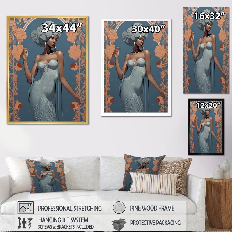 Élégante mode rétro bleue, déesse de la mode africaine sur toile, H 40 po x l 30 po x P 1,5 po, Cadre simple blanc