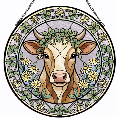 Cow Floral Stained Glass Window Panel，12"H