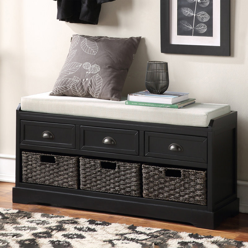 44" Wide Shoe Storage Bench with Cushion Entryway Bench Storage Bench with 3 Drawers and 3 Rattan Baskets, Black