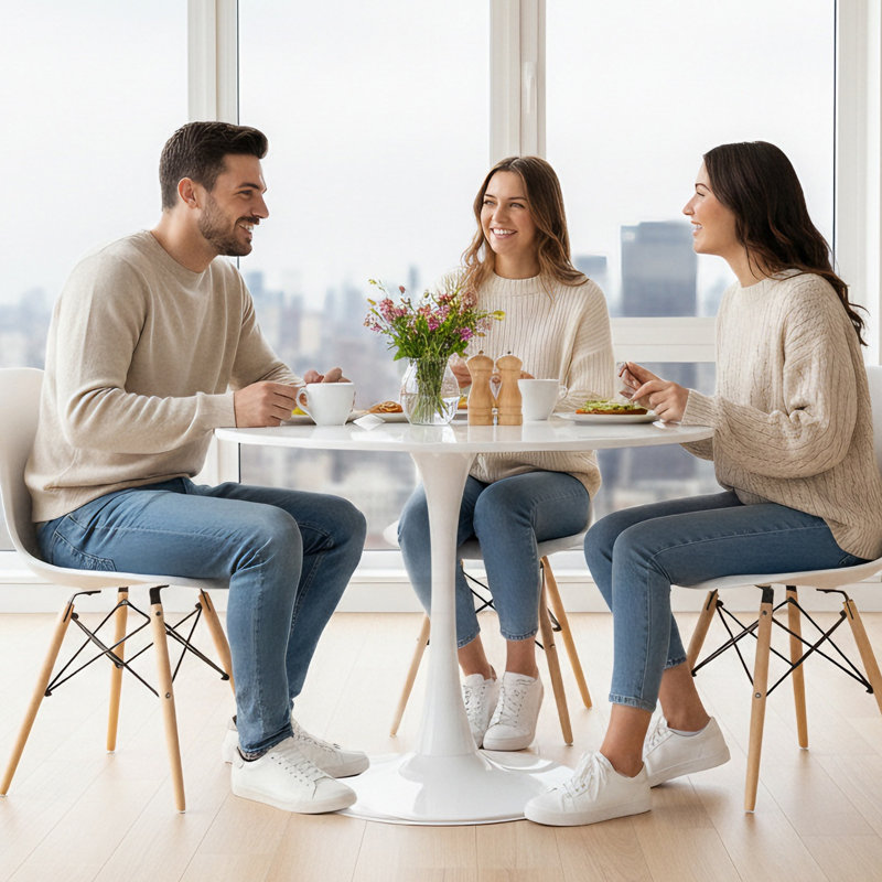 Table de salle à manger ronde, H 28,8 po x L 42 po x l 42 po, Chêne, Blanc