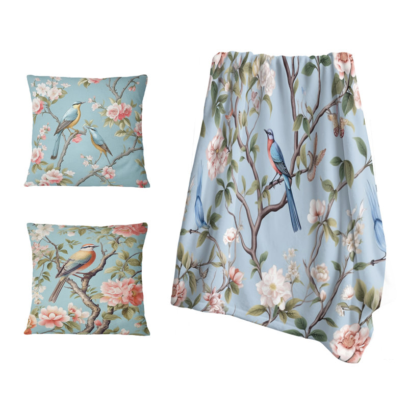 Jeté chinoiserie avec oiseaux et pivoines, Couverture seulement (1 pièce)