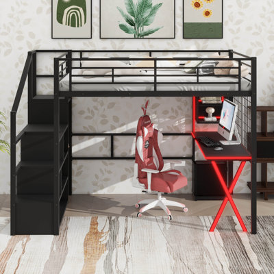 Lit mezzanine double en métal avec espace de travail intégré, garde-robe, escalier de rangement et éclairage DEL
